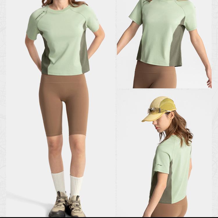 Li Ning CF Outdoor Series Solid Color Cool Comfort Skin-Friendly Antibacterial Short Sleeve T-Shirt Women Tops Bean-Paste-Green ATSV196-5