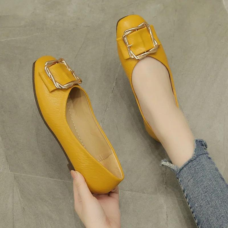 Fashion Woman Fashion Square Toe Daily Pu Flats Lady Metal Square Buckle Colorful Female Elegant Suede Plum Red Work Shoes