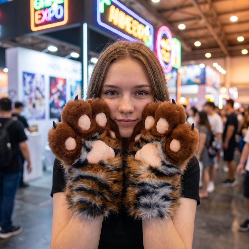 Stripe Cosplay Costume Gloves Tiger Print Plush Cat Paw Gloves Cute Cat Claw Mittens Role Play