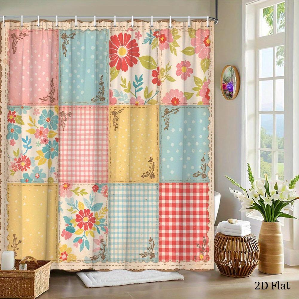Vintage Blumen-Patchwork Duschvorhang Wasserdicht Badezimmer Dekoration Gitterdesign Landhausstil Neuheit Vorhang für Kinder und Zuhause