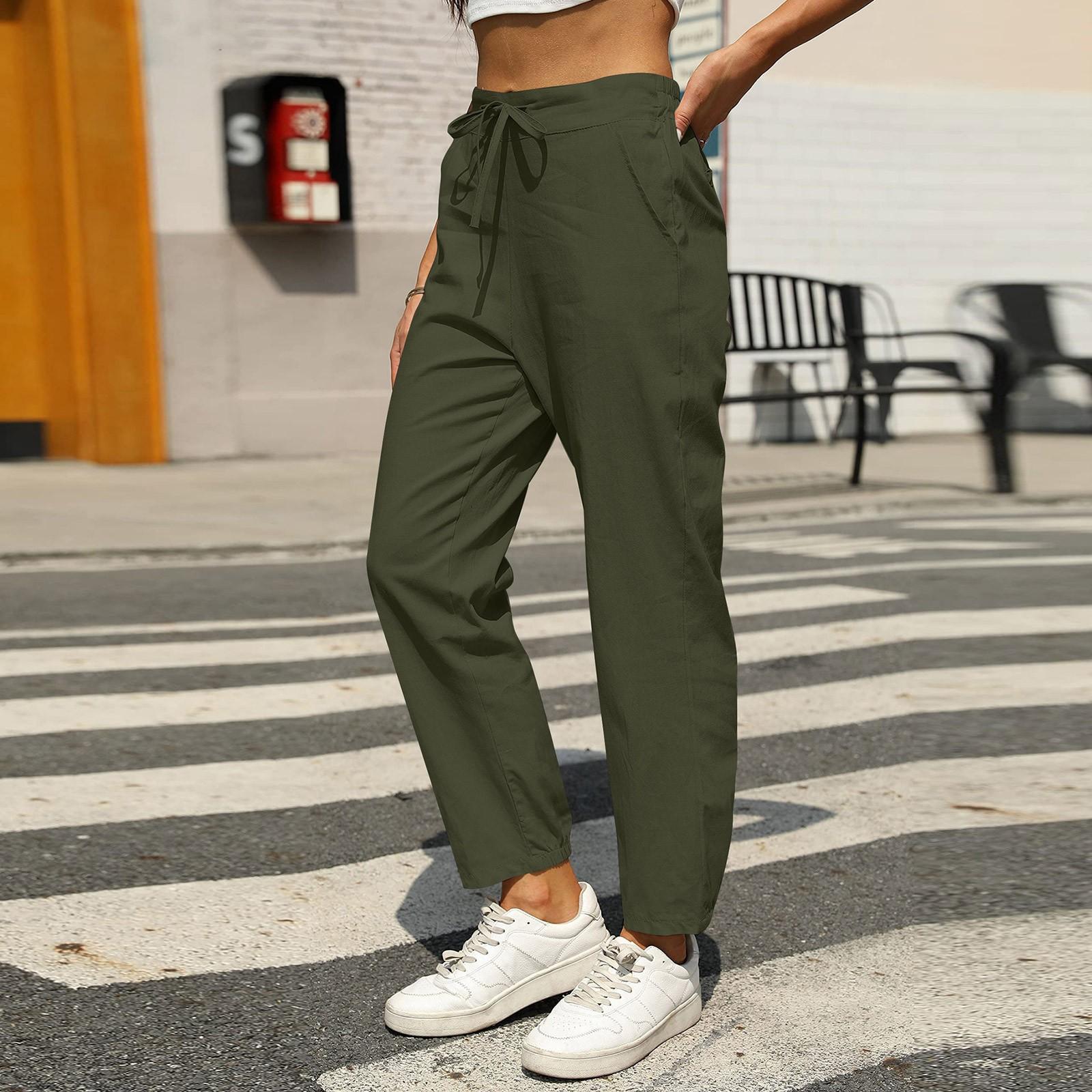 

Женские модные универсальные брюки с эластичным поясом и завязками на талии, однотонные, с карманами, повседневные, рабочие, узкие брюки L армия зеленый