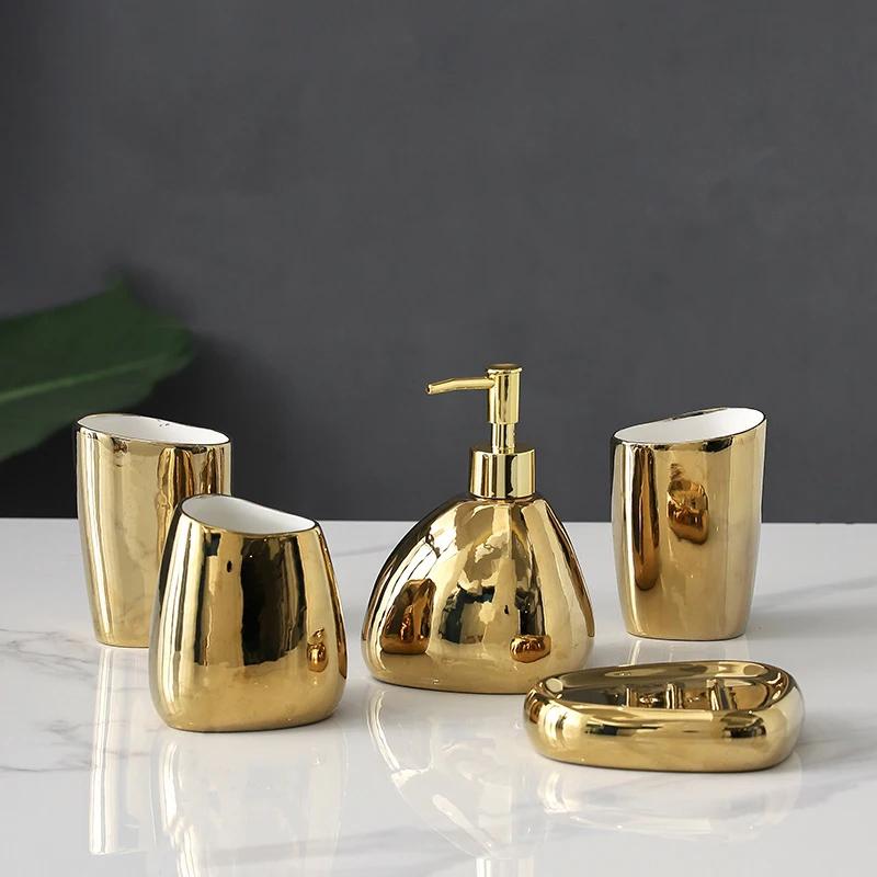 4/5 Piece Set Complete Set Modern Ceramic Silver and Gold Bathroom Accessories Set with Soap Dispenser for Modern Home Decor