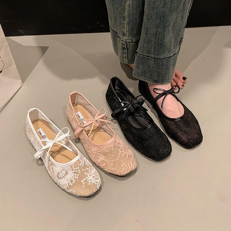 2025 square head spring summer evening shoes heightened breathable gentle women's shoes French mesh Mary Jane single shoes new