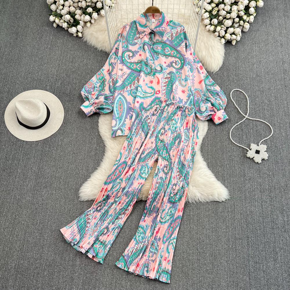 Mulheres pijamas floral casual elegante 2 peças conjunto camisas soltas topos perna larga calça terno moda feminina vintage sexy pijamas novo