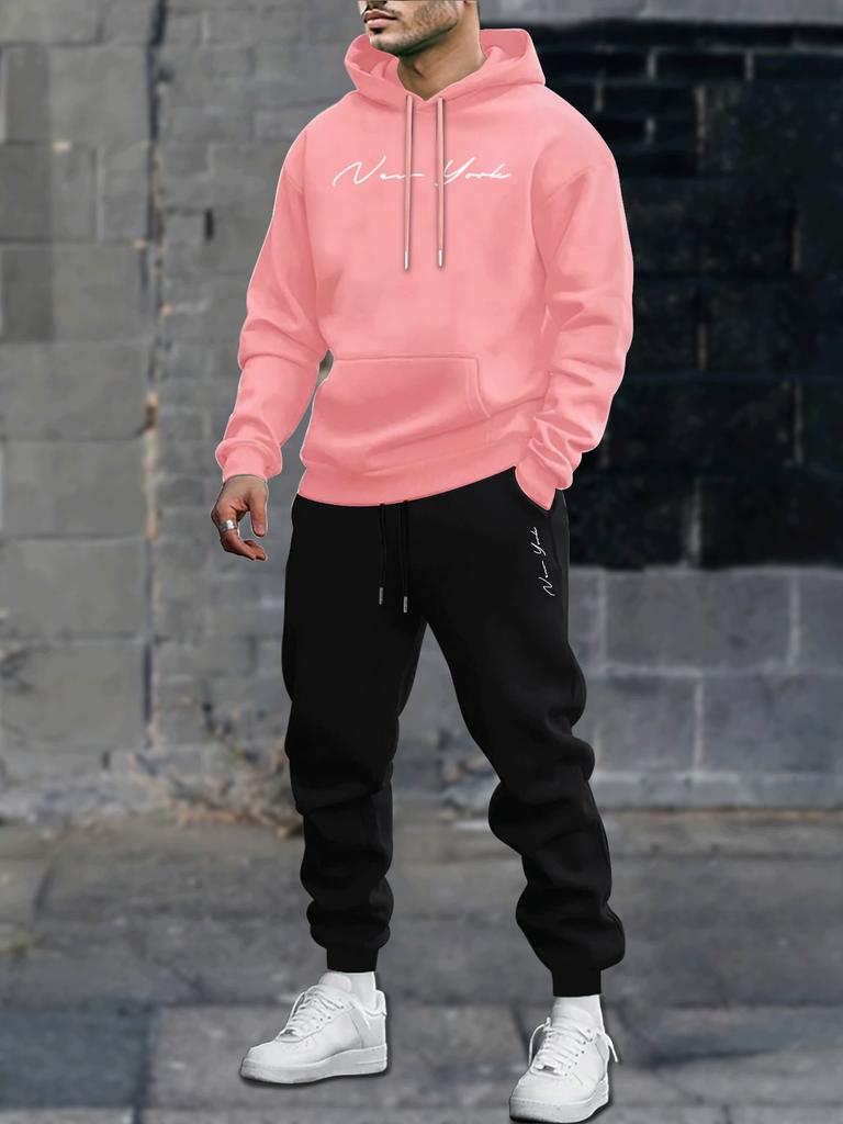 Men's printed hooded sweatshirt and pants set, new winter/spring edition of casual sportswear and lace-up casual pants