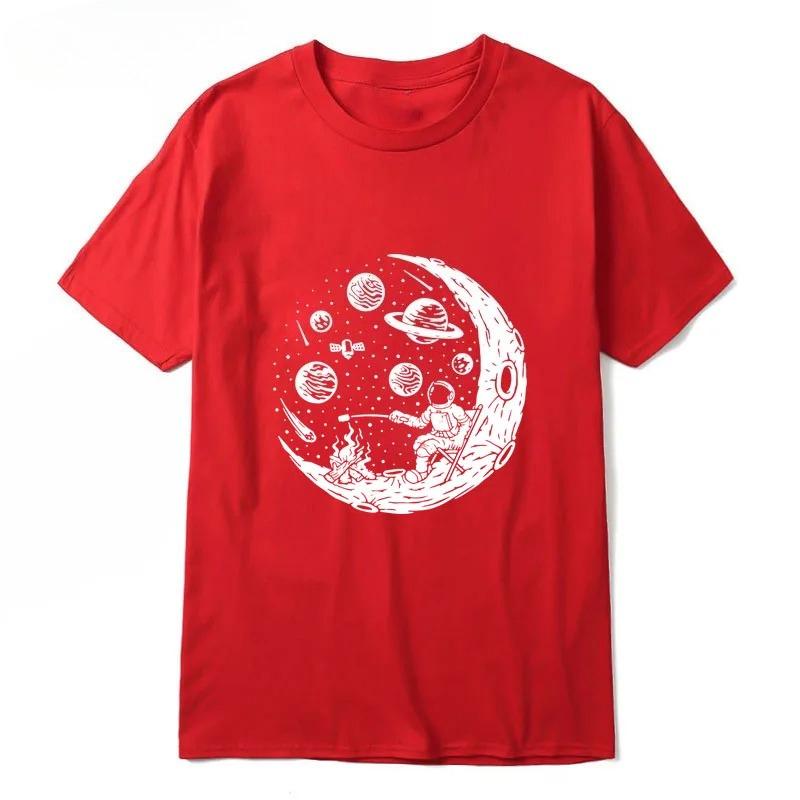 Summer Cotton Men's T-shirt, Casual Loose Shirt, Fun Astronaut Print, Moon, Barbecue Crew Neck High Quality