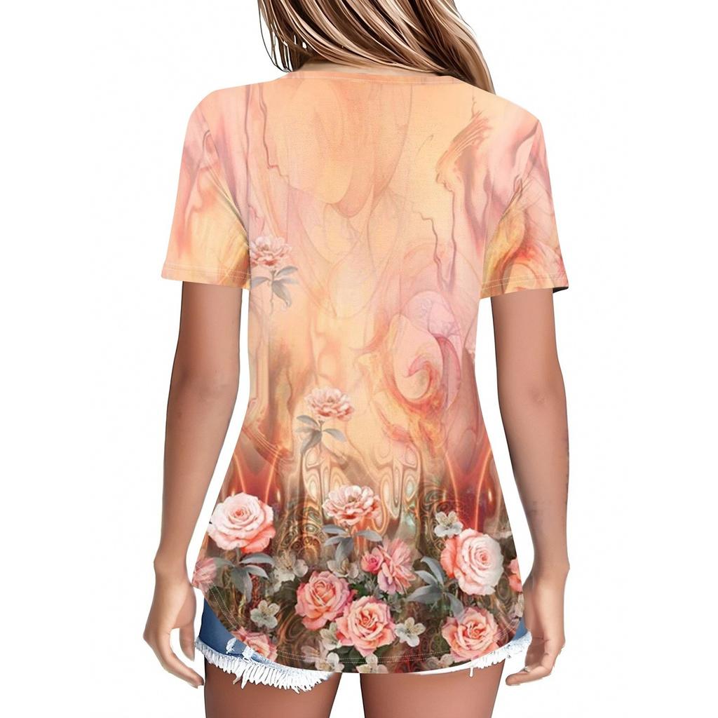 Damskie bluzki z krótkim rękawem, letnie koszulki z dekoltem w serek, swobodna bluzka plisowana, luźny nadruk, podstawowy t-shirt