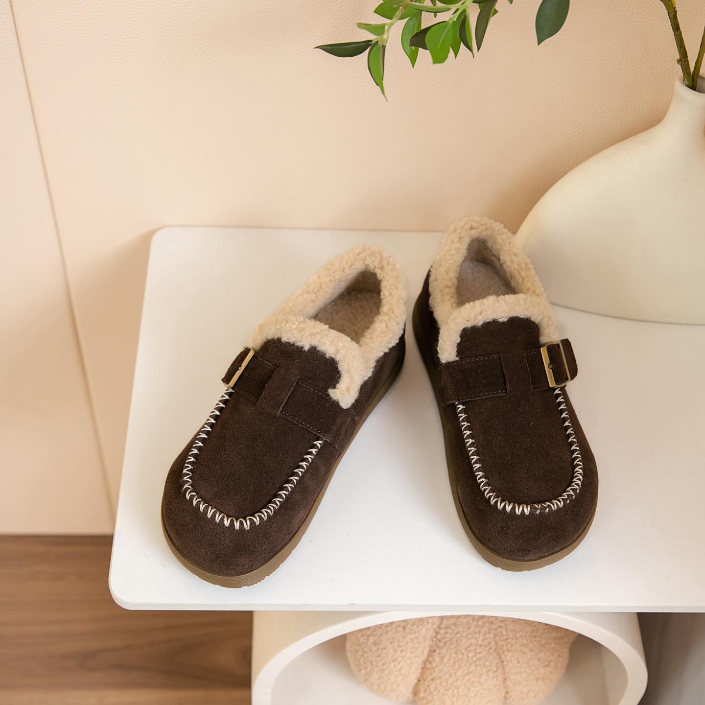 

Leather flat-bottomed velvet Birkenstocks women s 2025 winter new belt buckle inner height-increasing kangaroo loafers 40