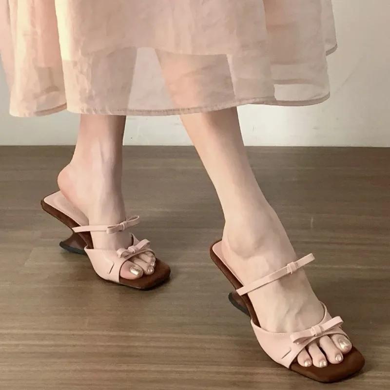 Fashion Butterfly-Knot Women Sandals Elastic Band Square Toe Wedges Mid Heel Female Shoes Sweet Designer Summer New Brand Concise Casual