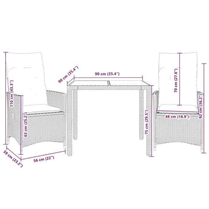 VidaXL Ensemble de bistro 3 pcs avec coussins beige résine tressée, ensemble de bistro de jardin, ensemble de balcon, 3276799