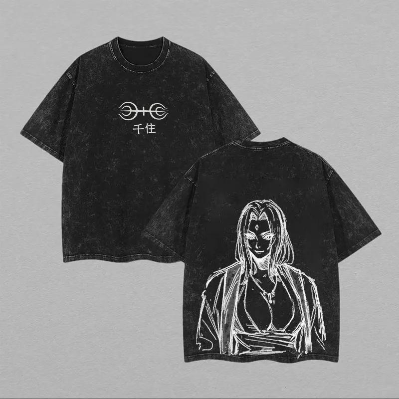 Tsunade T Shirt Naruto Men Acid Wash Back Print Senju Clan Anime Graphic Cotton Streetwear Hokage Vintage Bootleg Tee M