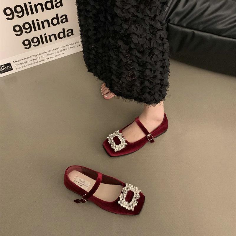 Fashion Flat Shoes for Women's Spring and Autumn French Diamonds Mary Jane Shoes Black Loafers Plus Size Women's Shoes