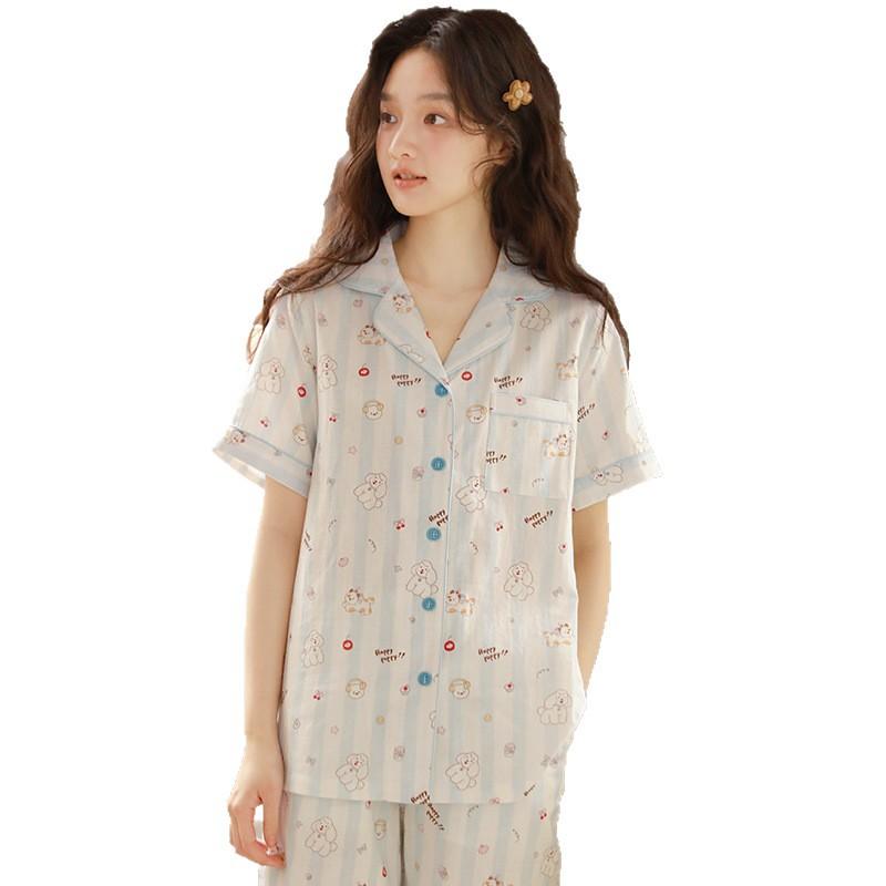 Summer pajamas women's pure cotton cotton yarn women's sweet cartoon loungewear short-sleeved shorts set