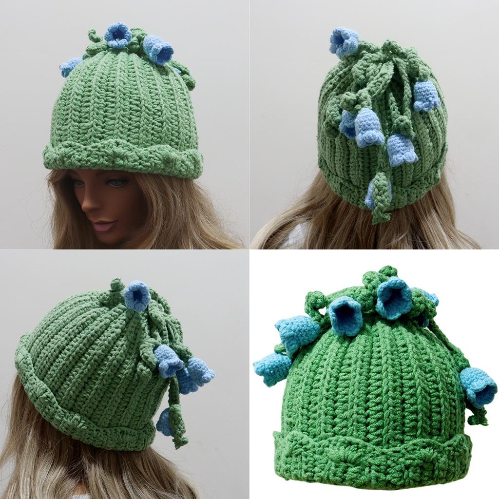 Knitted Hat Cats Ears Lily Of The Valley Crochet Hat Women Winter Snow Hat for Girl Skiing Cycling Snowboarding Travel