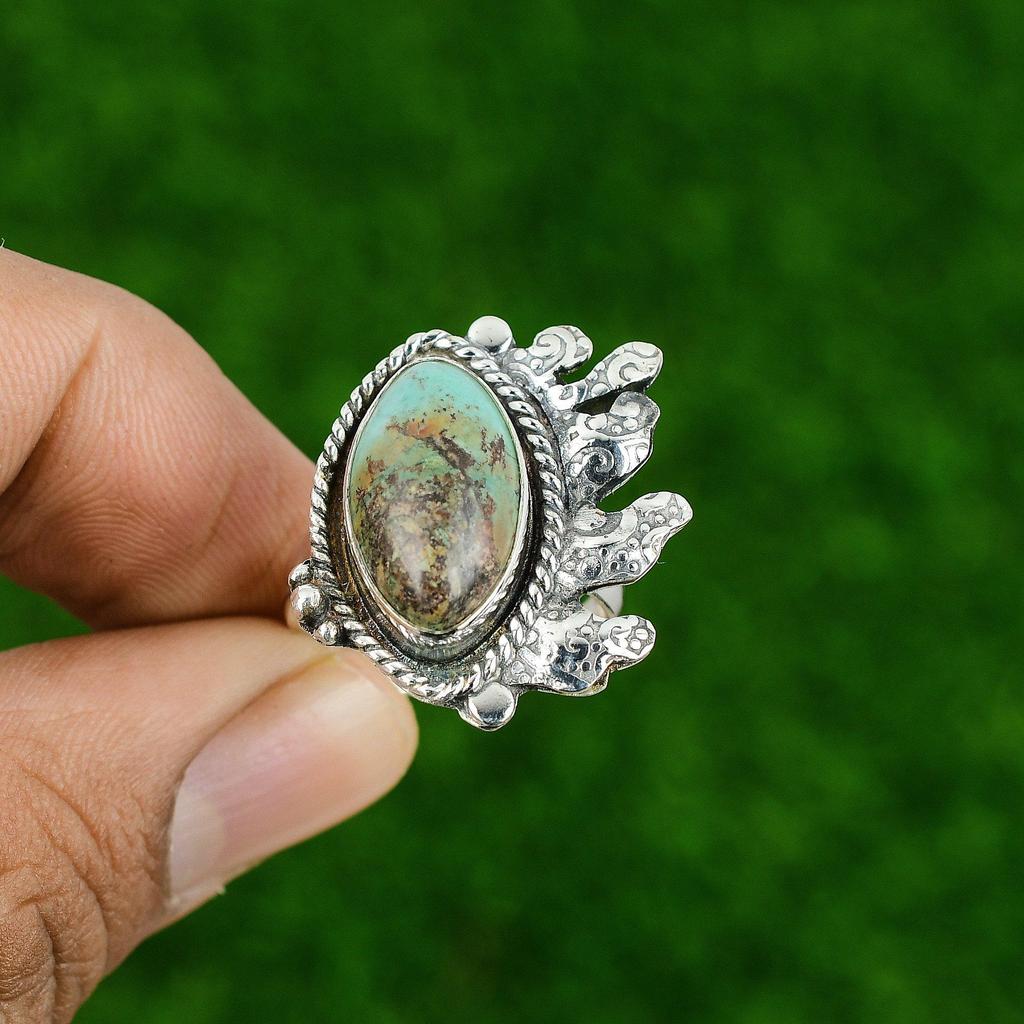 Natural Tibetan Turquoise Gemstone 925 Silver Promise Adjustable Ring For Women
