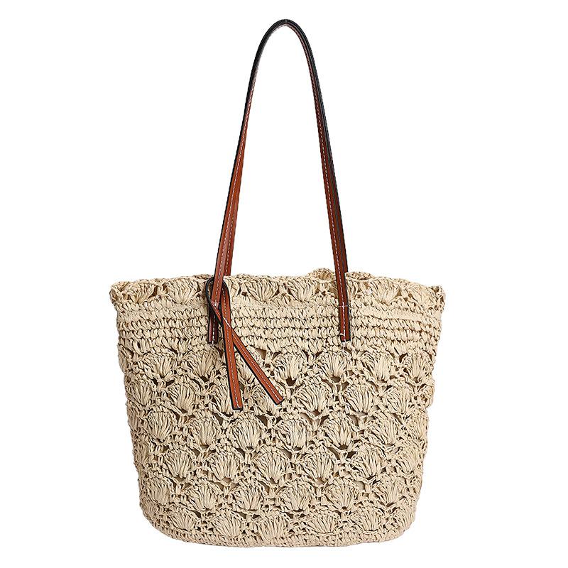Handgewebte Strohtasche für Damen Sommer-Strandtasche mit Ledergriffen und Muschelmuster-Design
