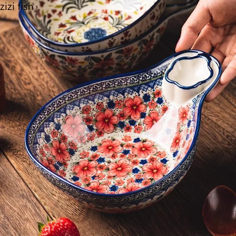 Vintage Floraler Keramikteller Knödelteller mit Essigschälchen Gemüsesalatschüssel Obstschale Snackteller Keramikgeschirr