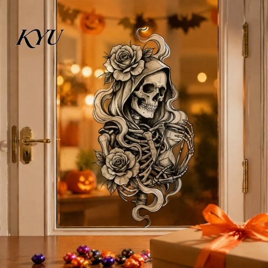 Adhesive Free Window Sticker Halloween Skeleton And Rose Static Clings, Removable Sketch Skull & Retro Pattern Glass Film Flower Sticker, Waterproof