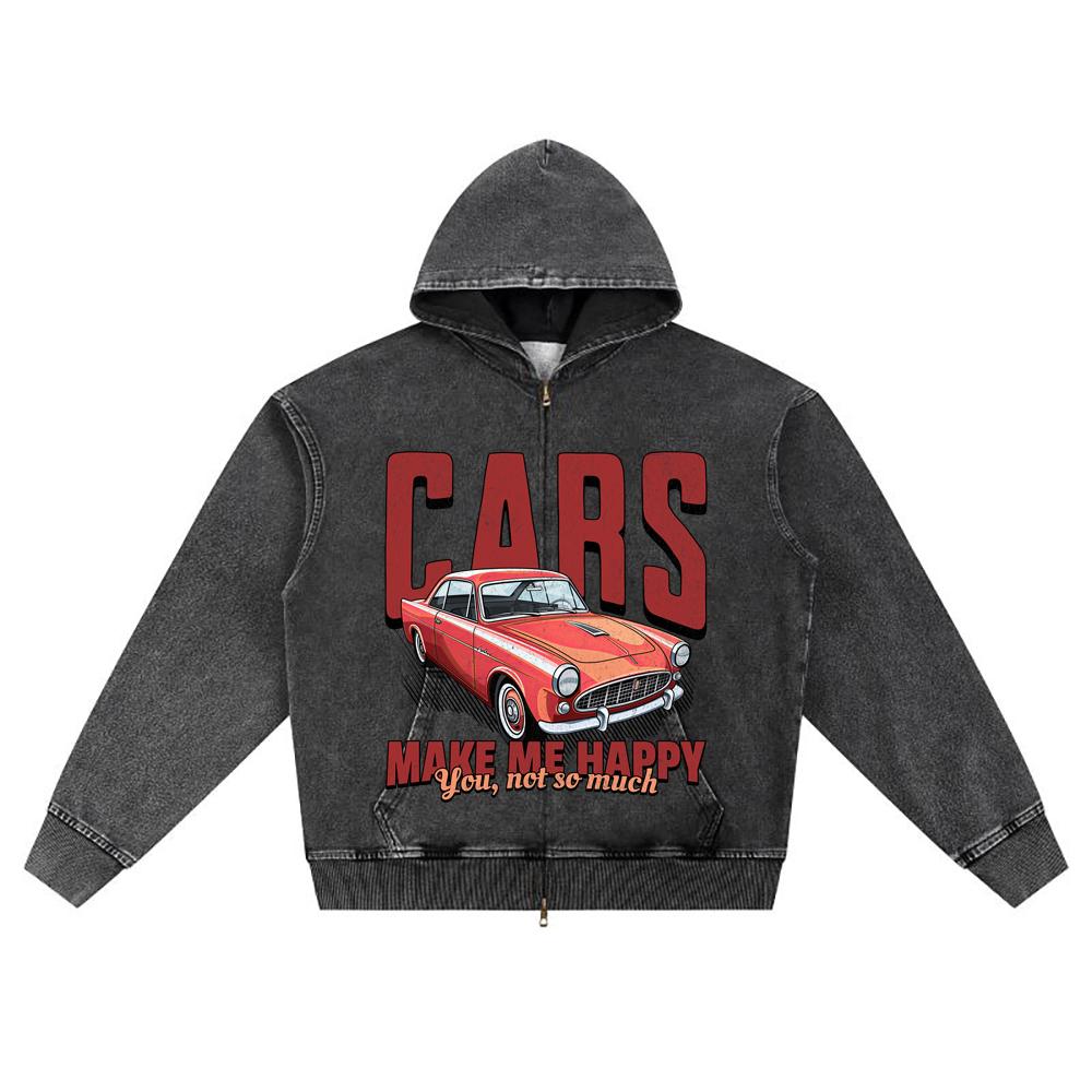 DTG print Knitted Denim Zip-Up Hoodie Cars Make Me Happy Brother Print Zipper Hoodies
