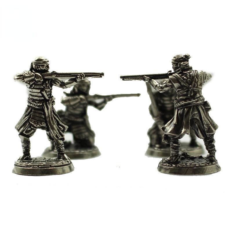 White Copper Japanese Shogunate Samurai Gun Soldiers Figurines Miniatures Vintage Metal Soldiers Model Statue Desktop Ornament