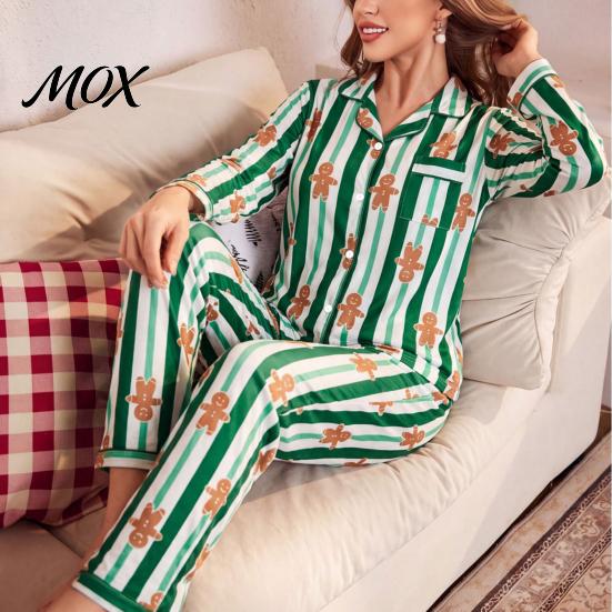 Comfortable Home Wear Christmas Pajamas 2-Piece Set for Women, Striped Gingerbread Man Print Lounge Set, Button Down Long Sleeve Top Pants Sleepwear