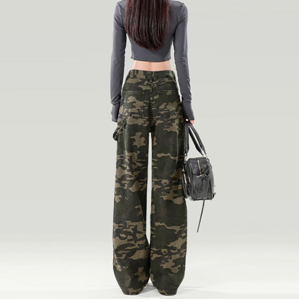 Street-Camouflage High-Waist Utility-Jeans Frühling und Herbst Neues Design Locker Gerade Mop-Jeans