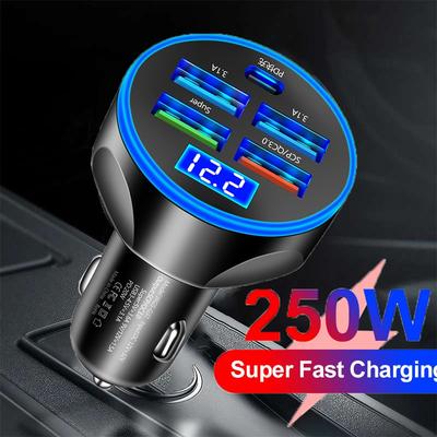 5 In 1 USB Car Phone Charger Adapter 5 Port PD Fast Car Mobile Charger With LED Voltage Display For iPhone Samsung Xiaomi Huawei