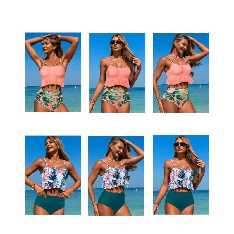 High Waisted Floral Split Two Piece Bikini Women Summer Swimwear