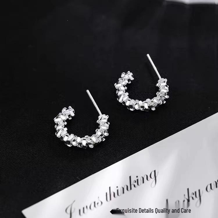 2024 Hot Style 925 Sterling Silver Crushed Silver Stud Earrings: High-End, Light Luxury Niche Women’s Accessories