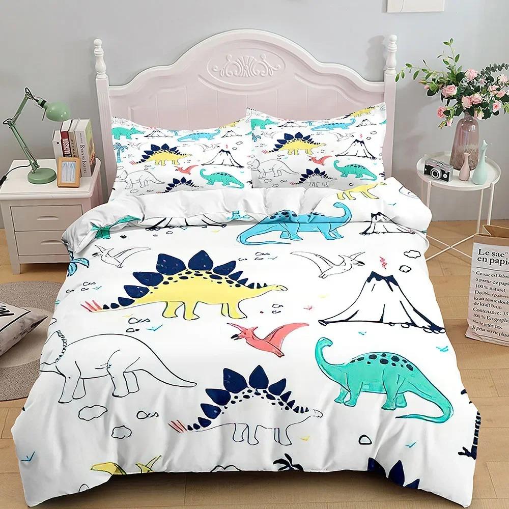 Kids Cartoon Dinosaur Bedding Set KingQueenFull Size Cute Animal World Duvet Cover Orange Yellow Polyester