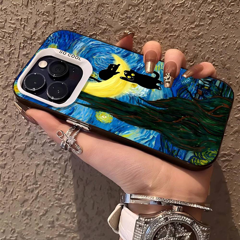 Black Cat Van Gogh Phone Case For IPhone 17 16 15 14 11 12 13 Pro Max Plus Pro Colored Silver Cover