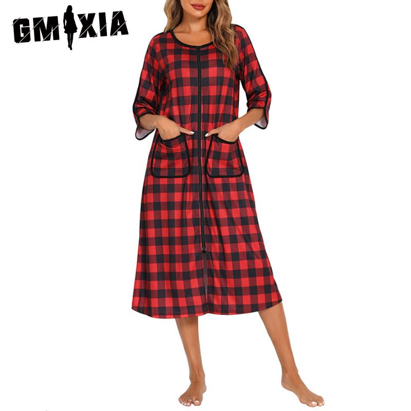 

GMXIA Autumn and Winter Home Wear Comfortable Casual Loose Pajamas Seven-minute Sleeves Large Size Striped Nightgowns S рожевий