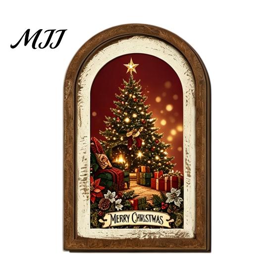 Farmhouse Christmas Tree Decorations Vintage Arched Wooden Wall Art, Double Layer Wood Framed Sign, Bedroom Winter Ornaments Xmas Print Hanging Decor