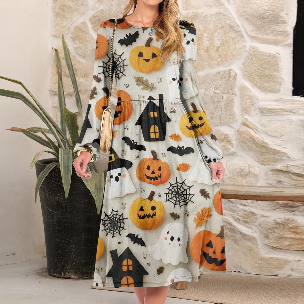 Women's Fashionable Loose Halloween Printed Round-neck Dress