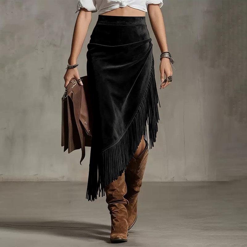 Solid Color Faux Suede Fringe Skirt Women'S High Waist Asymmetrical Western Boho Skirt