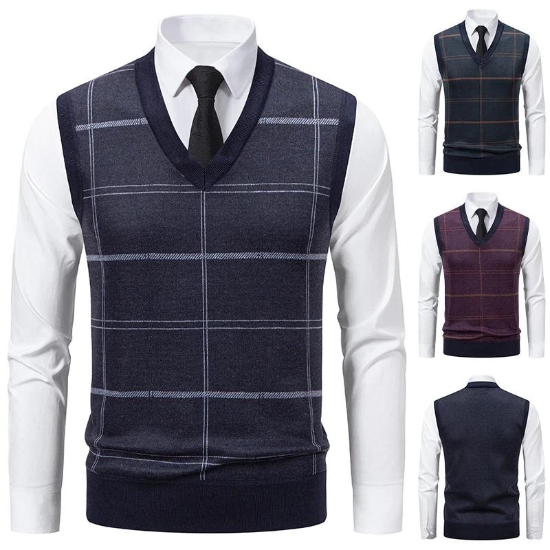 Men's V-neck Knitted Sweater Warm Autumn Winter Casual Fashion Diamond Grid Twisted Flower Design Versatile Top