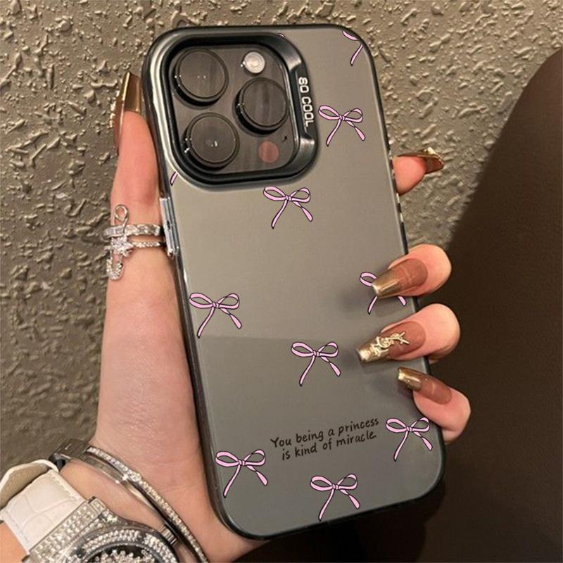 Ins Korean Simple Pink Bow Phone Case for iPhone 15 Pro Max 14 13 12 11 XS X XR 7 8 Plus 15 Luxury Lens Protection Laser Cover