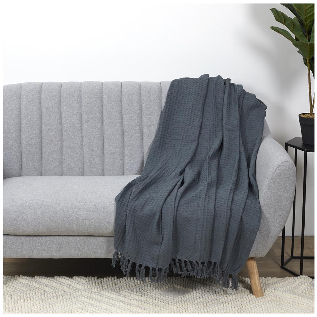 Les Trésors De Lily [A3526] - Sofadecke „Boho“ aus grauer Waffelbaumwolle - 160 x 130 cm