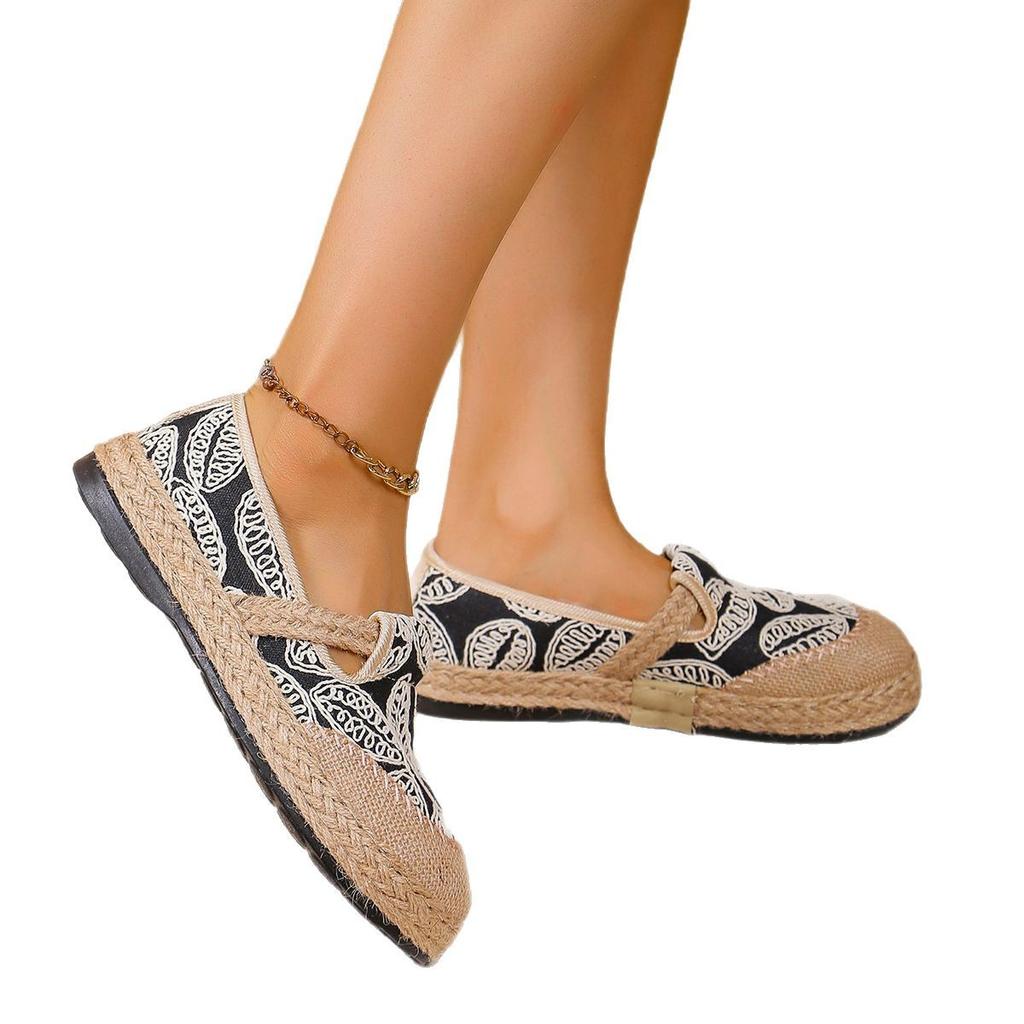 Fashion Women's Flats  Summer New Vintage Weave Breathable Casual Shoes Fashion Embroidery Lightweight Comfortable Half Slippers