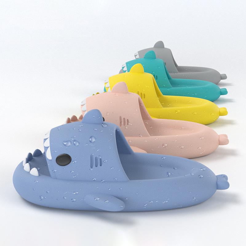 Thick-Sole Shark Slippers: Funny Poop-Stepping Design for Men & Women, Indoor/Outdoor Cartoon-Style.