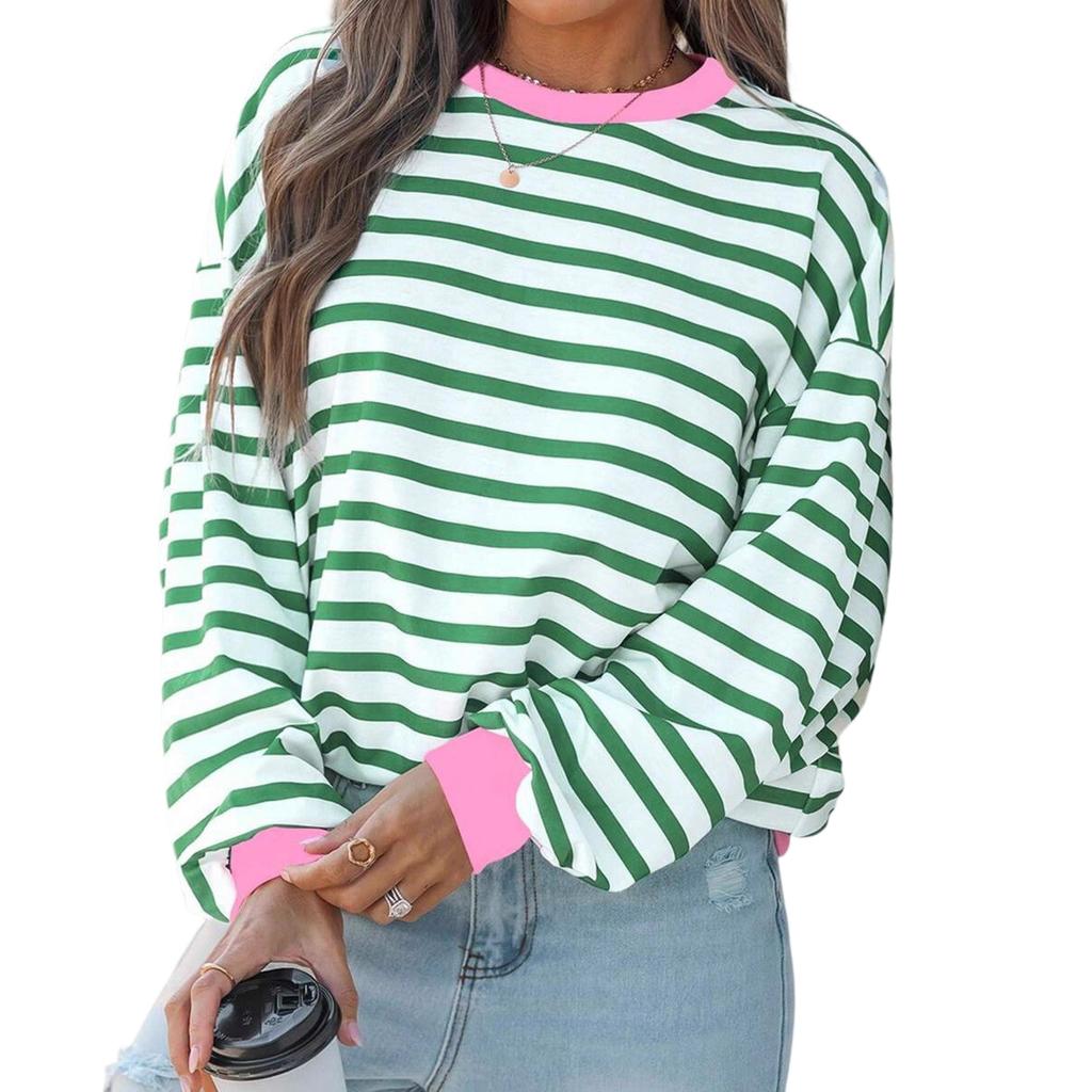Women's Round Neck Striped Print Long Sleeve Loose T-shirt Top