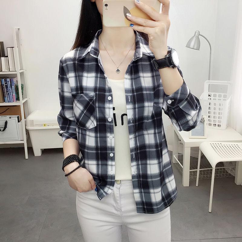 2025 Women's Korean Style Plaid Slimming Shirt - Casual Long Sleeve Print for Spring & Autumn Students