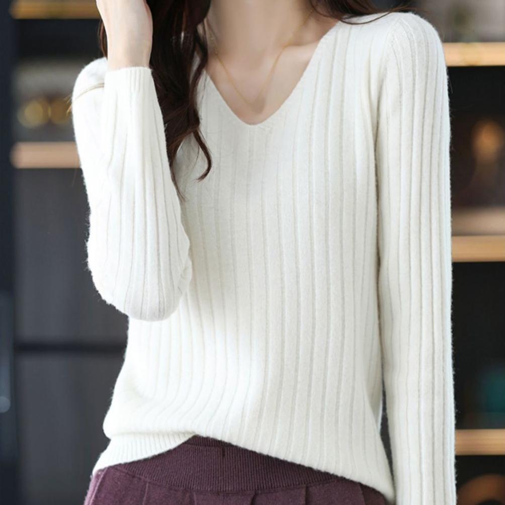 V-neck Pullover Women's Casual Long Sleeved Short Sweater Solid Color Simple Warm Knit Sweater Autumn and Winter Top