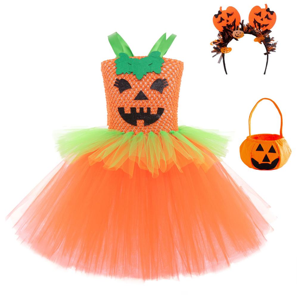 Pumpkin Tutu Dress Halloween Costume for Girls Tulle Skirt Party Dress with Headband and Pumpkin Bag Set for Festival Stage Performance