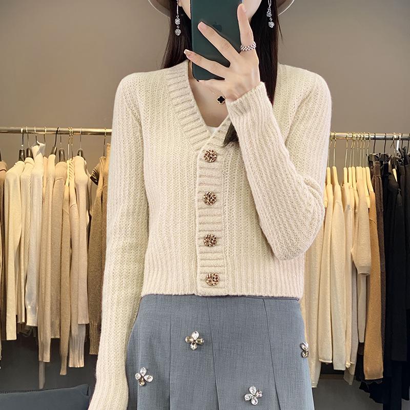Women's Early Autumn High-Waisted Knit Cardigan - V-Neck, Fine Imitation Wool, Net Celebrity Style