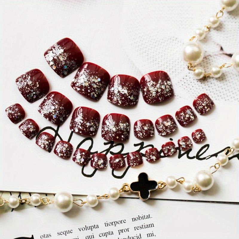 24pcs/set Quick Nails Burgundy Manicure Glitter Large Sequin Toenail Stickers Press on Nail Wearable Finished Fake Nails
