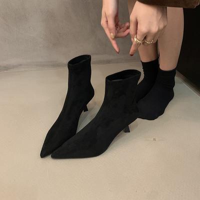 Thin Heel Bare Boots Suede Long-lasting Velvet High-heeled Short Boots Elastic Wear Not Pointed Thin Boots Sleeve Tired Children