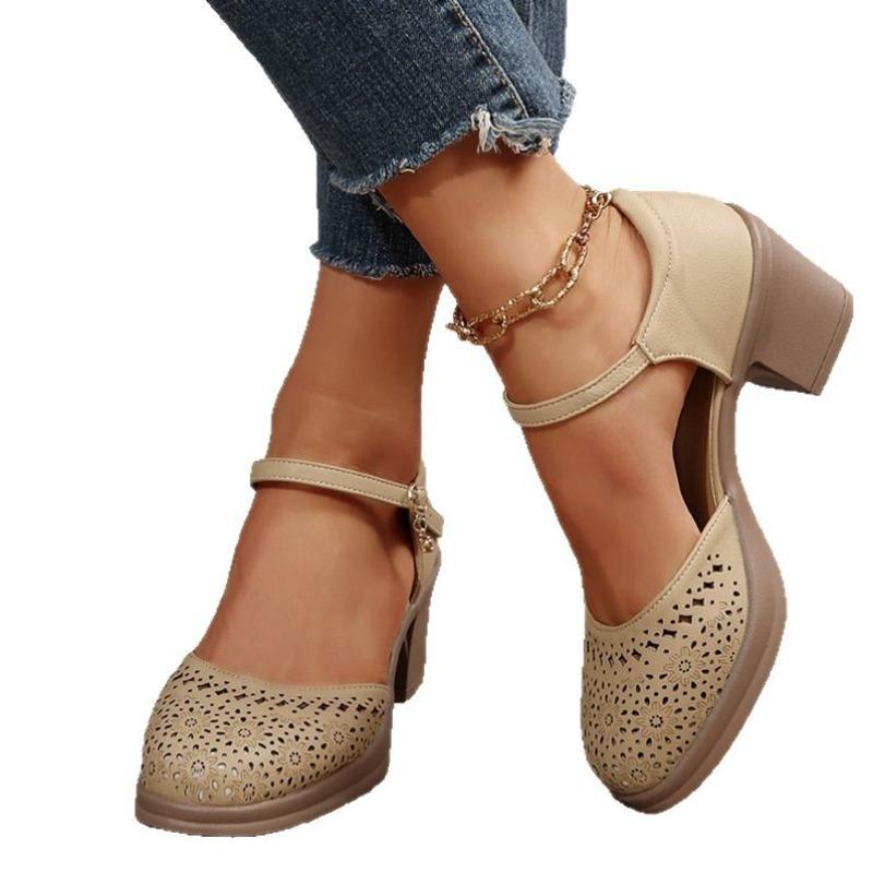 Fashion Genuine Leather Women Sandals Soft Comfort Summer Shoes Thick Heels Non-slip Women Shoes 2025 Hollow Sandals Large Size