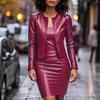 European & American Women's PU Leather Bodycon Skirt & Cardigan Set - Long Sleeve, Round Neck, Professional Fashion