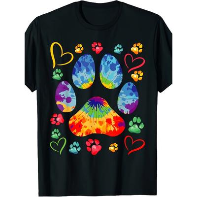 Europäische Größen Süßes Tie-Dye Hundepfote Herz Liebe Druck Bunt Haustier Hundeliebhaber T-Shirt 1 T-Shirt Herren Persönlichkeitsdesign Schwarzes T-Shirt